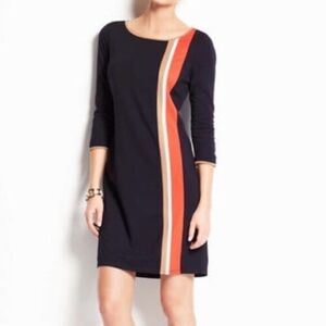 ✨ Ann Taylor Ponte Knit Navy Blue Boatneck 3/4 Sleeve Stripe Sheath Dress✨